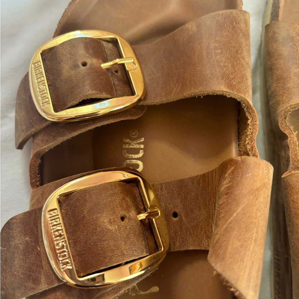 Birkenstock Brown Leather Double Buckle Sandals with Gold Buckles - Picture 3 of 3